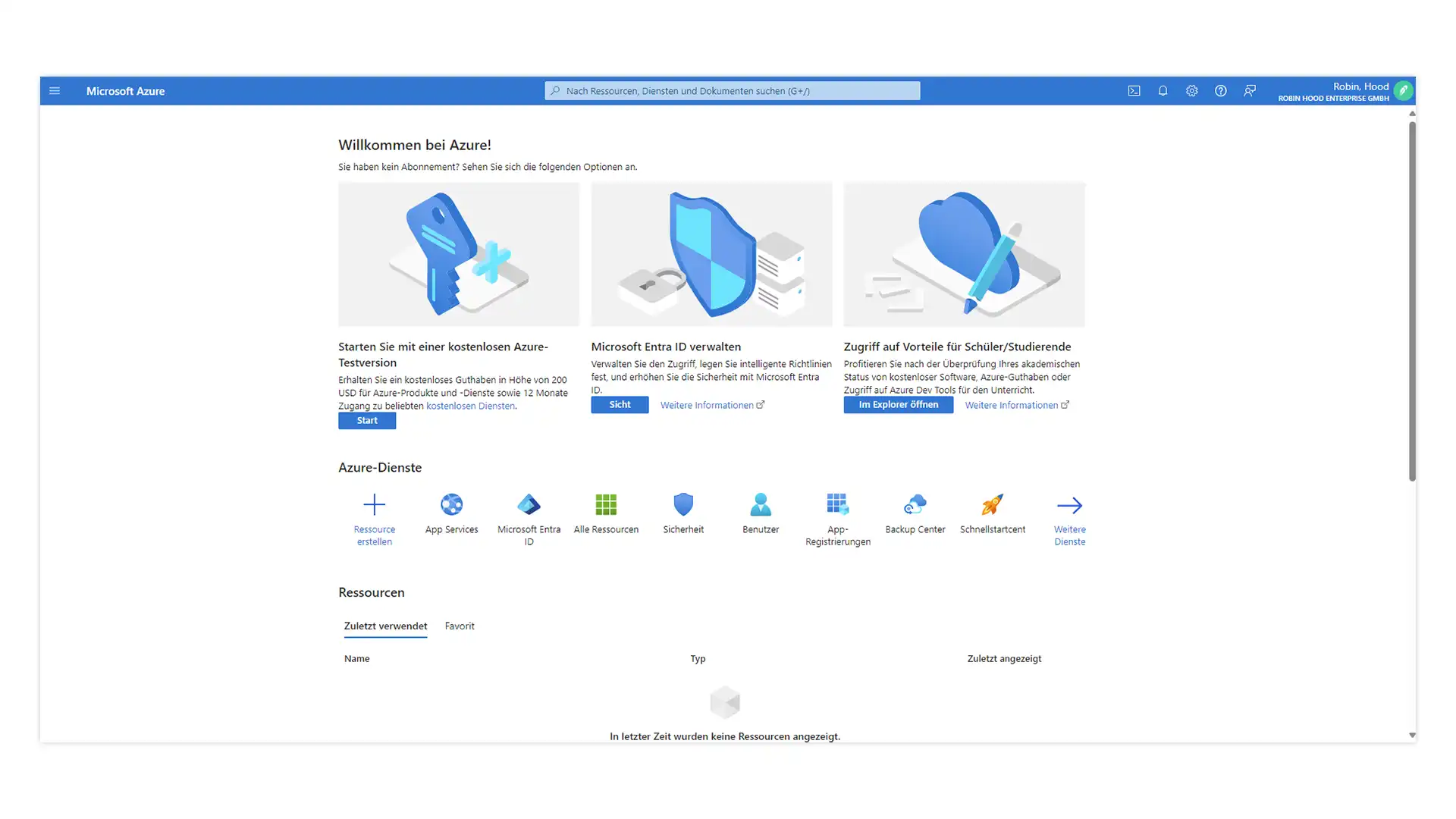 Microsoft Azure Dashboard Willkommensbildschirm zur Verwaltung von Azure-Diensten und -Ressourcen auf Deutsch.