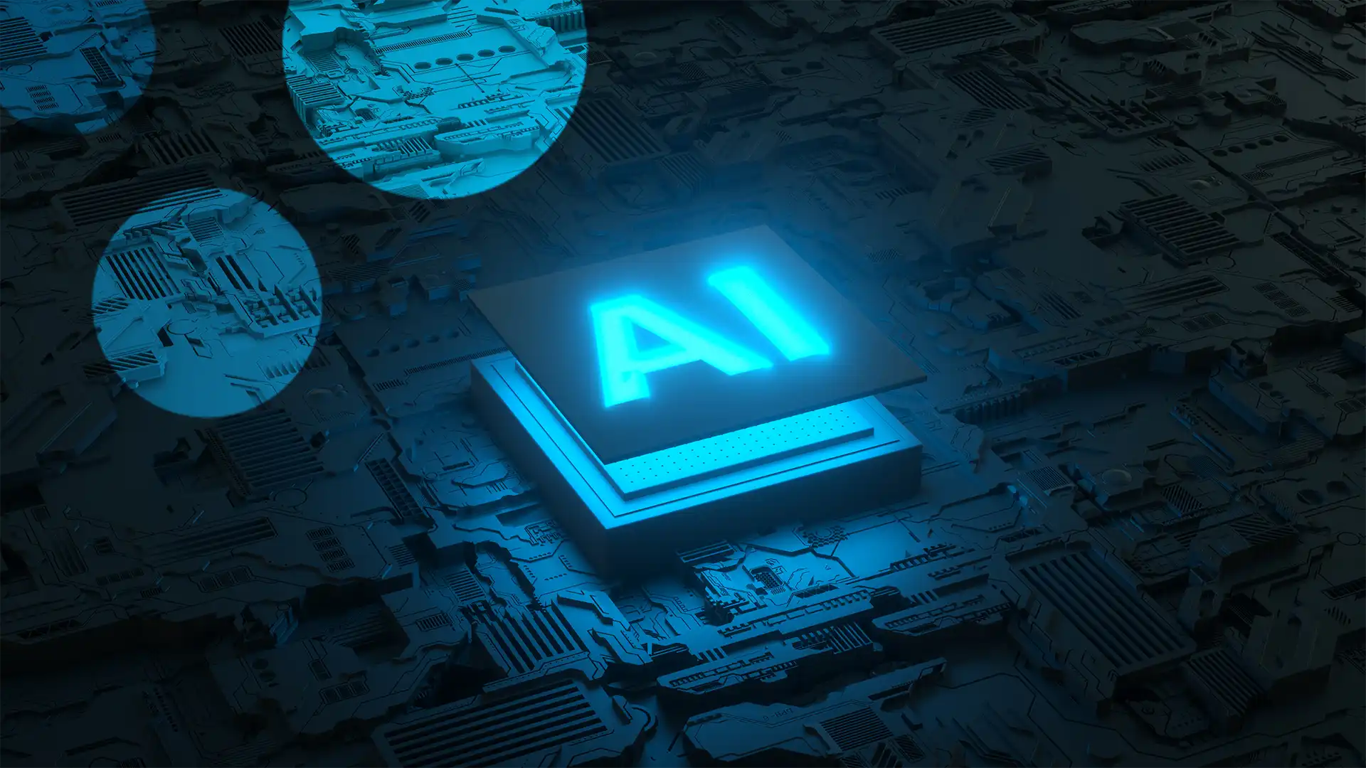 Leuchtendes AI-Symbol auf digitalem Schaltkreis