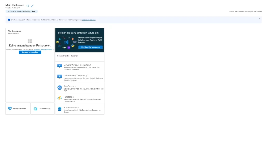 Screenshot des Microsoft Azure Dashboards mit einer Übersicht über Ressourcen und Tutorials zur einfachen Cloud-Verwaltung.