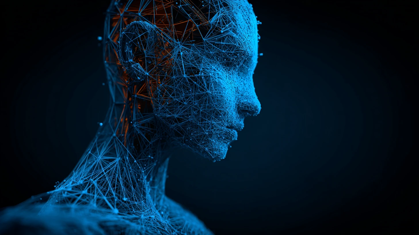 Abstrakte Darstellung eines neuronalen Netzwerks in Form eines menschlichen Kopfes als Symbol für Machine Learning