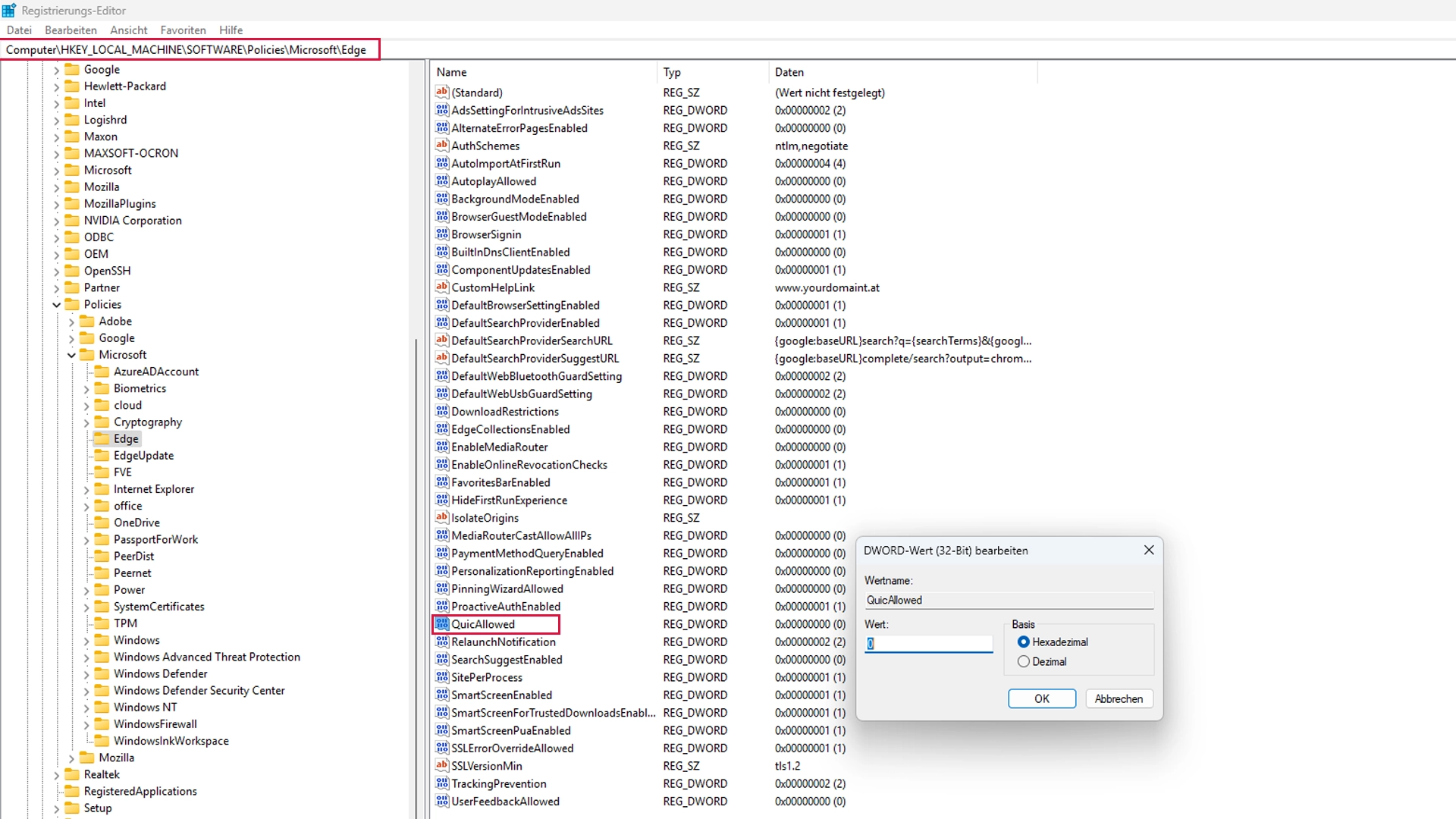 Registrierungseintrag QuicAllowed im Windows Editor