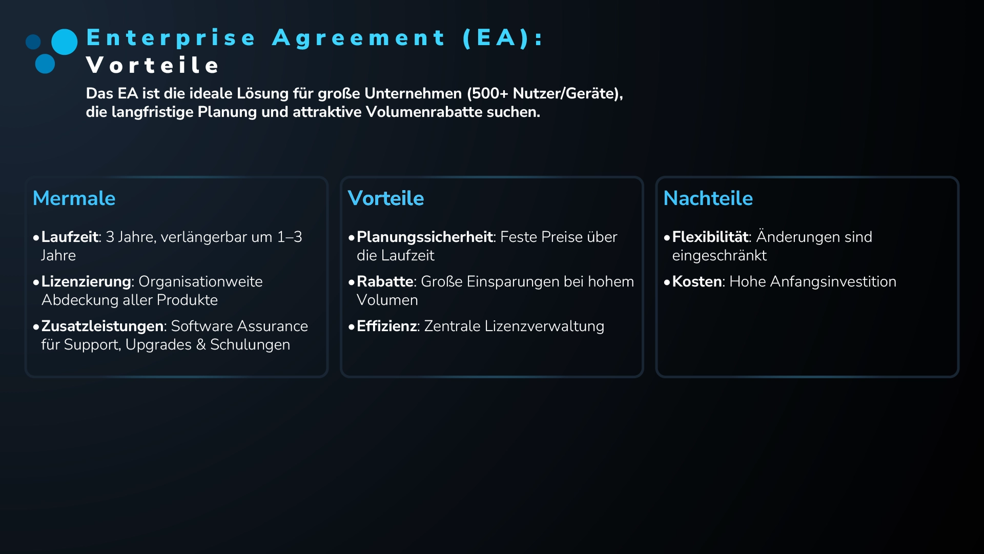 Überblick über das Microsoft Enterprise Agreement (EA) für große Unternehmen mit 500+ Nutzern und Geräten. Enthält Informationen zu Laufzeit, Lizenzierung, Zusatzleistungen, Vorteilen und Nachteilen.