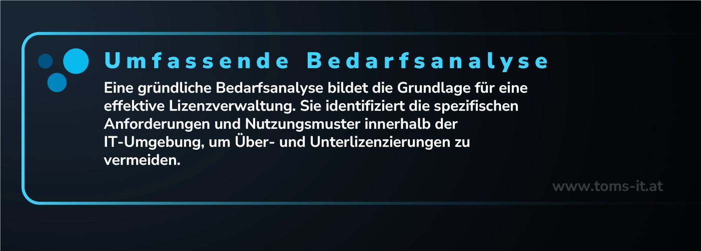 Umfassende Bedarfsanalyse zur effektiven Lizenzverwaltung, die spezifische Anforderungen und Nutzungsmuster in der IT-Umgebung identifiziert, um Über- und Unterlizenzierungen zu vermeiden.