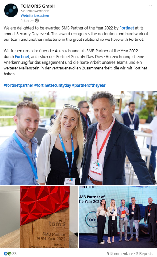 Fortinet Partnerstatus von TOMORIS auf LinkedIn